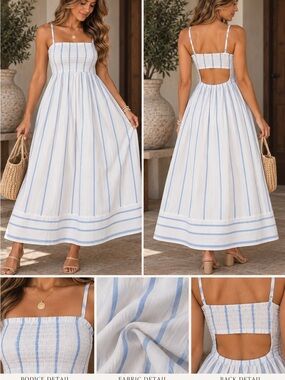 Size XL 100% Cotton Blue Stripe Smocked Bodice Maxi Dress - Women